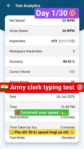 🇮🇳 Army clerk typing test 🎯 Clerk typing #typing #armyclerk #army #typingstrategy #typingspeed