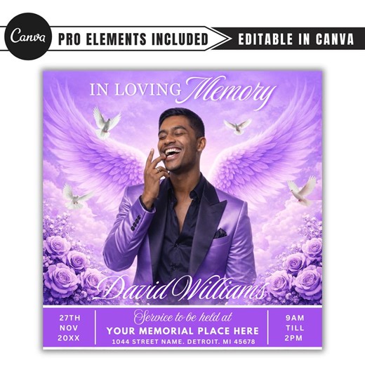 Purple Rose Funeral Announcement Flyer: Obituary, Celebration of Life (canva Template PDF) - Etsy