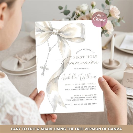 First Communion Invitation Girl, First Holy Communion Invitation Bow, Elegant Catholic Editable Canva Template, Baptism Christening Invite - Etsy
