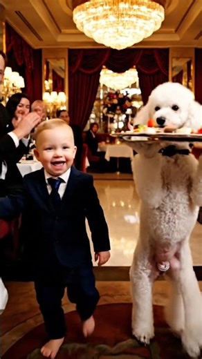 A small elegant dog walks upright on two hind legs, front paws turned into human-like hands,