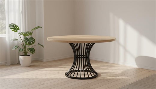Round Wooden Dining Table for 4 to 6 People With Modern Black Metal Base - Etsy
