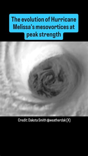 All Around Science (Official) on Instagram: "The evolution of Hurricane Melissa's mesovortices at peak strength Credit: Dakota Smith @weatherdak (X) https://x.com/weatherdak/status/1983629157381894297 Imagery: https://satlib.cira.colostate.edu/weather_media/mesmerizing-evolution-of-hurricane-melissas-mesovortices/"