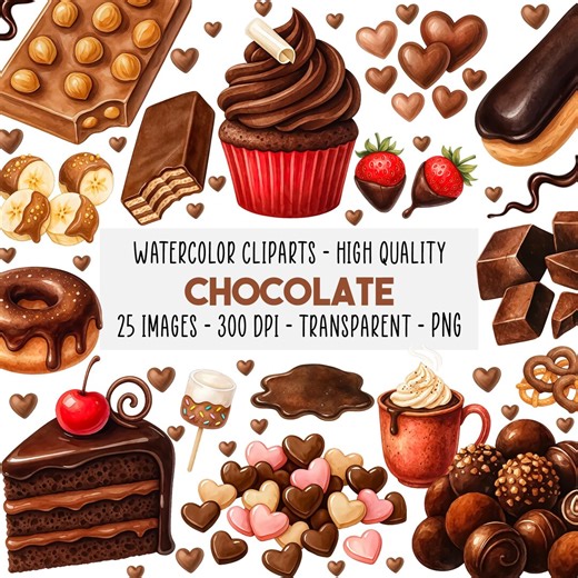 25 Chocolate Dessert Clipart PNG Set, Watercolor Sweets and Treats, Candy Cookies Cakes Pastries, Baking Illustrations, Instant Download - Etsy