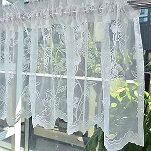 FINECITY Lace Valance Curtain for Windows 1 Panel Cottage Leaf Floral Sheer Lace Valance for Kitchen Window Over Sink, Rod Pocket Privacy Window Valance, 52 x 18 Inch, Ivory