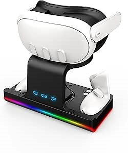 Charging Dock for Oculus/Meta Quest 3- Magnetic Docking Station with LED Light - Headset Display Stand and Controller Mount, with 2 Rechargeable Batteries & USB-C Charger and Magnetic Accessories