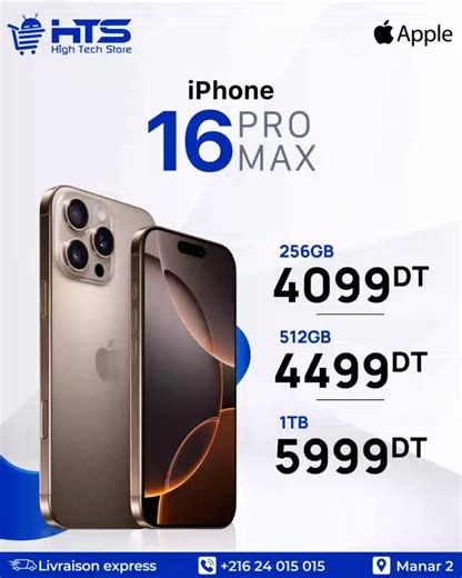 #𝐀𝐩𝐩𝐥𝐞 #𝐢𝐏𝐡𝐨𝐧𝐞𝟏6Prax😍 Le iPhone 16 Pro Max est disponible en vente à notre boutique en plusieurs capacités . 💰 Prix au comptant ☑ iPhone 16 Pro Max 512Go à 4500 DT ☑ iPhone 16 Pro Max 256 Go à 4100 DT 🚛 On vous assure la livraison Express sur toute la Tunisie ☎️ : 24 015 015 🏠 : Manar 2 📱 : hightechstore.tn 🛠 Tous nos produits sont neufs et couverts par une garantie légale et facture #Promo #Offre #SmartPhone #Téléphone #GSM #Phone #Tunisie #Tunis | High Tech Store