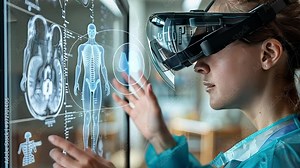 Virtual Medicine: A female doctor explores human anatomy in virtual reality, revolutionizing healthcare with cutting-edge technology.