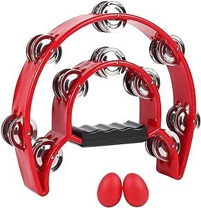 Tambourine Musical Instrument for Adults - 10 Inch Tambourines Half Moon with Egg Shakers Double Row Metal Jingles Handheld Percussion Instruments for Church Dance Party Events KTV (Red)