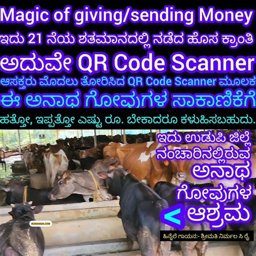 Money ಕಳುಹಿಸಲು ಚಿತ್ರ Magic of 21st Century by scanning QR Code; ಅನಾಥ ಗೋವು ಆಶ್ರಮ; ಇಲ್ಲಿಗೂ ಕಳುಹಿಸಬಹುದು
