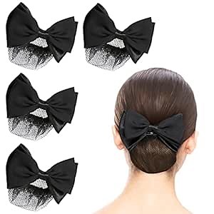 Beaupretty 4Pcs Hair Net Bow Snoods for Women Black Elastic Hair Bun Covers with Sturdy Clip for Daily Work Hotel Nurse Dance