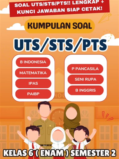 📚 SOAL STS KELAS 6 LENGKAP! Siap bantu guru & orang tua mempersiapkan anak menghadapi ujian! 🎓 ✅ Materi sesuai pelajaran sekolah ✅ Lengkap dengan kunci jawaban ✅ Ada kisi-kisi penulisan soal ✅ File Word bisa diedit kembali ✅ Praktis tinggal print & pakai 📖 Isi Materi: Bahasa Indonesia • Matematika • IPAS • Pendidikan Pancasila • Seni Rupa • Bahasa Inggris 💡 Cocok untuk: 👩‍🏫 Guru SD 👨‍👩‍👧 Orang tua 📚 Latihan belajar anak di rumah 🔥 Bikin persiapan STS jadi lebih mudah! 👇 Klik link pem
