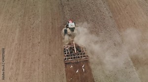 Arial type of tractor with a powerful unit, plowing, cultivating and rolling the soil before sowing. The agricultural machine is followed by many white birds gulls collecting insects