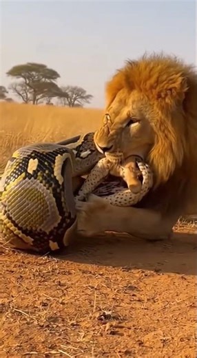 Will the python successfully swallow the lion cub? 🐍🦁❓