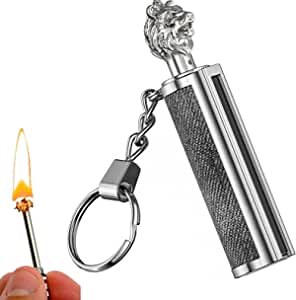Permanent Match Fire Starter, Reusable Survival Fire Starter Lighter, Survival Cool Gifts for Men Husband, Never Ending Match, Emergency Waterproof Keychain Striker Stick Kit (Lion Head)