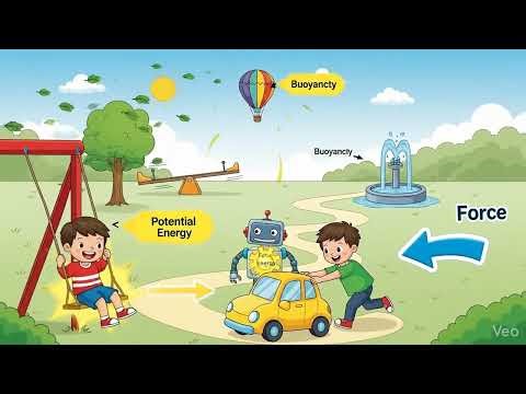 A colorful educational scene illustrating physics basics.
