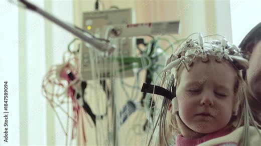 Child undergoes electroencephalography, recording spontaneous electrical activity of brain. Electrodes on head capture brainwave patterns. Diagnostic neurological assessment in clinic.