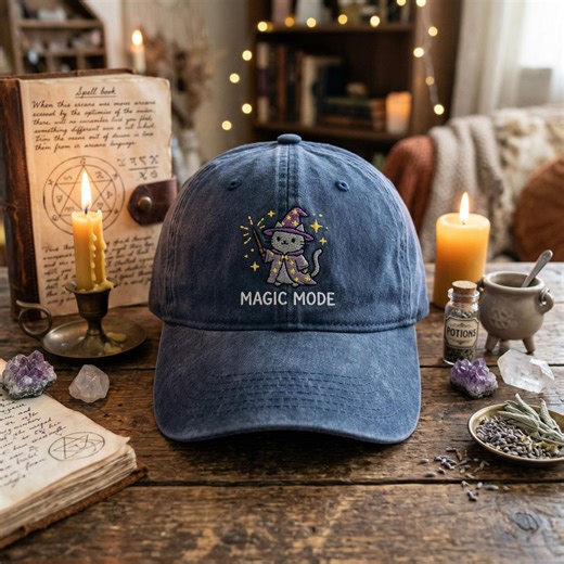 Embroidered Wizard Cat Magic Mode Washed Dad Cap, Witchy Kitten Baseball Hat, Mystical Feline Headwear, Celestial Cat Lover Gift - Etsy