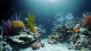 Brightly colored fish gracefully swim through a vibrant coral reef in clear blue water during the daytime. The scene is full of various corals and marine plants, creating a lively underwater