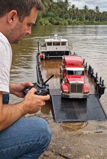 Mini Ferry River Crossing! Red Truck Rolls Off Like the Real Thing 🚛🌊#miniferry#rctruck#river