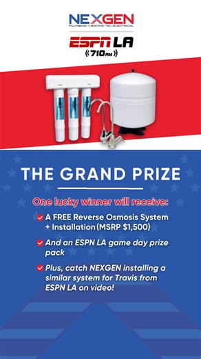 🏈 Win Big with NEXGEN ESPN LA! 💧 Enter for a chance to win a $1,500 Reverse Osmosis System Installation — no purchase necessary! 🎁 Bonus: Get $100 off your next service tune-up (AC, water heater, or plumbing) just for entering! 👉 Enter now: https://nexgenairandplumbing.com/landing-pages/pure-play-sweepstakes/ 📅 Ends October 20 — don’t miss out! | NexGen Air Conditioning Heating and Plumbing