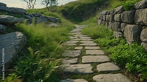 Video footage of cobblestone path leading through a grassy landscape with a stone wall on the left side.