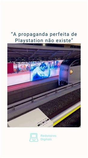 Redatores Digitais - Agência de marketing on Instagram: "PlayStation chama atenção no metrô de Tóquio 🎮A PlayStation lançou no Japão uma campanha publicitária inovadora no metrô de Tóquio. Instaladas na estação JR Ryogoku, próxima ao estádio nacional de sumô, as telas digitais exibem um personagem gigante, inspirado em um lutador de sumô, que parece impedir um trem com as próprias mãos, criando uma experiência visual impressionante para os passageiros. 🇯🇵A ação faz parte da campanha global “I