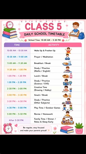 Class 5 Daily Study Timetable 📚 | 10 AM to 5:30 PM School Routine | Best Study Schedule for Students