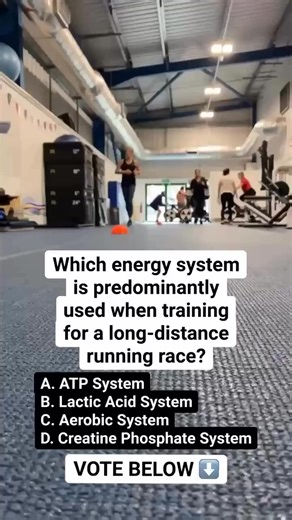 Which energy system is predominantly used when training for a long-distance running race? Vote now! Is it: A. ATP System B. Lactic Acid System C. Aerobic System D. Creatine Phosphate System Cast your vote by selecting the answer on screen or dropping your answer in the comments below! ⬇️ 💡 Why it matters: Understanding energy systems helps you design effective training programs for endurance, strength, and power. Training the correct system improves performance, recovery, and overall efficiency