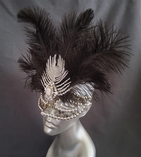 Black Lace Masquerade Mask With Ostrich Feather Crown- Crystal Embellished Gothic Ball Mask, Milk Glass Statement - Etsy