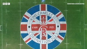 👑Absolutely incredible work! 👑 The team at Fleet Line Markers in Malvern have been busy painting this onto the pitch at Malvern Rugby Club! It took them five days and is finally finished, hats off to them for their painting and their drone footage! | BBC Hereford & Worcester