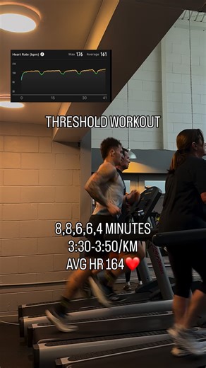 Ewan Heritage on Instagram: "Treadmill Threshold Workout 🏃‍♂️ 8,8,6,6,4 minutes with 2 min jog recoveries. 3:50/km,3:48/km,3:45/km,3:42/km,3:30/km. Using the treadmill in the attempt to manage load and also keep pace exactly where I want it to stay in the right HR zone. @coros_uk @hoka_eu rocket x3 are an incredible session shoe👀 Time to recover in time for a heated ride on the @wattbike"