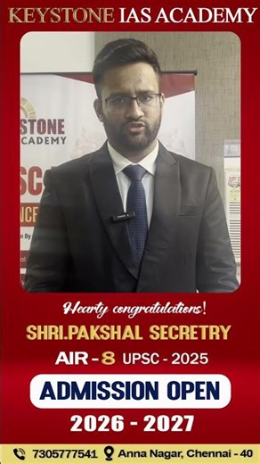 Hearty Congratulations from Keystone IAS Academy for AIR 8 Pakshal Secretry