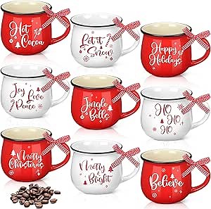 Nitial Christmas Coffee Mugs Set of 9, 12 oz Ceramic Holiday Mugs Gift White and Red Enamel Cups Funny Novelty Cups for Women Men Mom Coworkers Gifts
