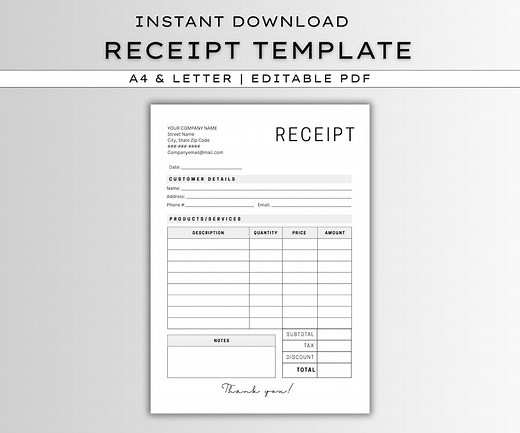 Editable Business Receipt Template: Printable Fillable Form (instant Download) - Etsy