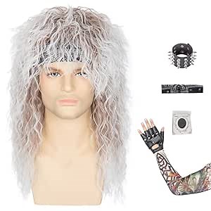 Miss U Hair 80s Wig Men Women Rocker Costume Set Stretchable Headband Tattoo Sleeve Studded Wristband Glove
