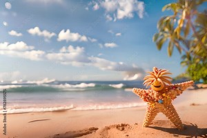 Sea star stands on the beach and smiles, in the background you can see the sea, waves, palm trees, and clouds