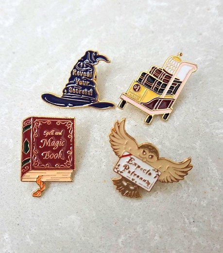 Harry Potter Enamel Pin Set: Book, Owl, Trolley & Sorting Hat Badges - Etsy