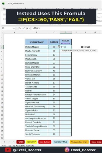Excel IF Formula for PASS or FAIL #excel #shorts