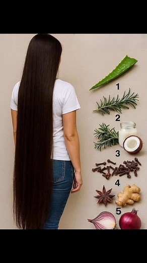 "Wondering how to get hair this long and healthy? Look no further than these amazing natural ingredients! 🌿" How to make it Warm some coconut oil on low heat. Add a little rosemary, a few cloves, a small piece of ginger, and let it sit for a few minutes. Strain it. Blend a bit of aloe gel and a little onion juice, then mix it into the warm (not hot) oil. How to use it Rub the oil into your scalp and down your hair. Leave it on for about 20 to 30 minutes, then wash it out with shampoo. Doing thi