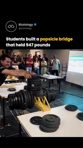 Bizziology on Instagram: "Civil engineering students built a popsicle stick bridge that held 947 pounds without collapsing! Using real-world principles like trusses, load distribution, and tension vs. compression, they scaled down engineering to sticks and glue. Smart design beats material alone: precise geometry and joints made this tiny bridge behave like a full-scale structure PS - I created a PDF with the best advice from the world’s 10 richest entrepreneurs. Comment “PDF” to get it free ⚡️"