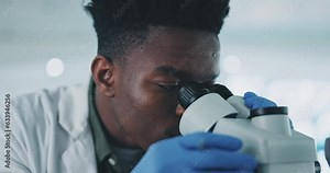 Black man, scientist and microscope, analysis in laboratory with medical research and check sample in experiment. Future, doctor and investigation with scientific study and learning with pathology