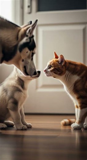 Sneaky Orange Cat Slaps Husky Puppy… Until Puppy Strikes Back #cats #dogs #funny