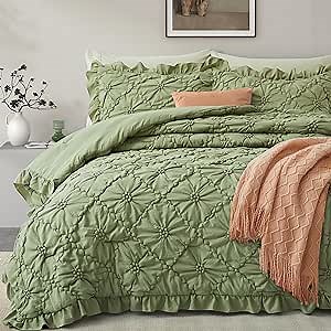 BEDAZZLED Queen Size Comforter Sets, Green Bedding Comforter Set, 3 Pieces Pinch Pleat Bedding Sets with Comforter and Pillowcases Soft Farmhouse Shabby Chic Comforter for All Season