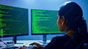 Young Indian female writing computer code on three monitors as the camera tracks around her.
