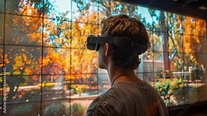 A student wearing a VR headset takes a virtual tour of a university campus, experiencing a holographic representation of the environment.