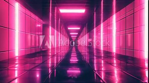 Glossy floor reflecting neon pink light and a long corridor depicted with perspective drawing