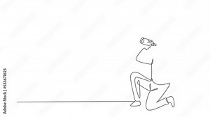 Animated self drawing of continuous line draw young Arab man drinking water in bottle while squatting after running. Morning exercise causes thirst and dehydration. Full length one line animation.