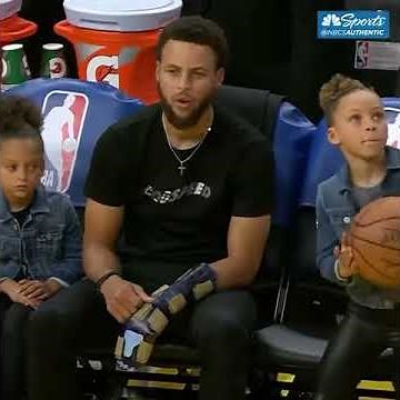 Riley Curry does the shimmy at Warriors game with Dad, Steph Curry and sister, Ryan Curry