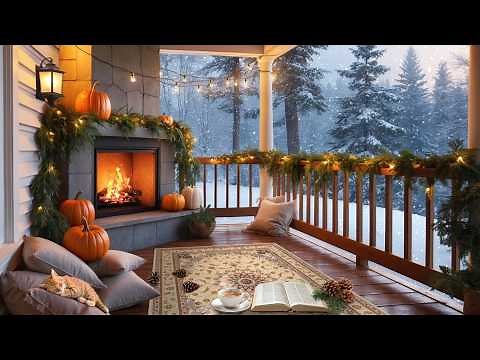 Cozy Winter Porch with Crackling Fireplace & Relaxing Snowfall Ambience ❄️