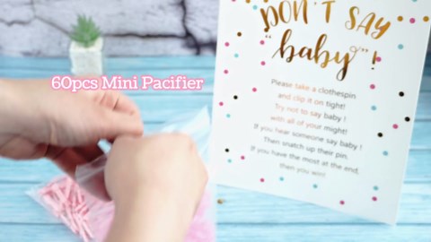 Don't Say Baby Shower Clothespin Game for Girl Includes 8x11 Standing Sign, 60 Mini Pink Clothes Pin, 60 Mini Pacifiers